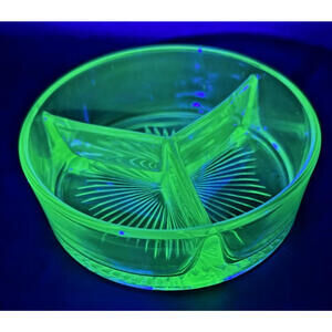 Uranium Glass Divided Relish Dish, Depression Era, 1929-39, Very Collectible